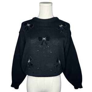 Vintage Jamie Scott Black Knit Embroidered Bow Crewneck Sweater Size Small